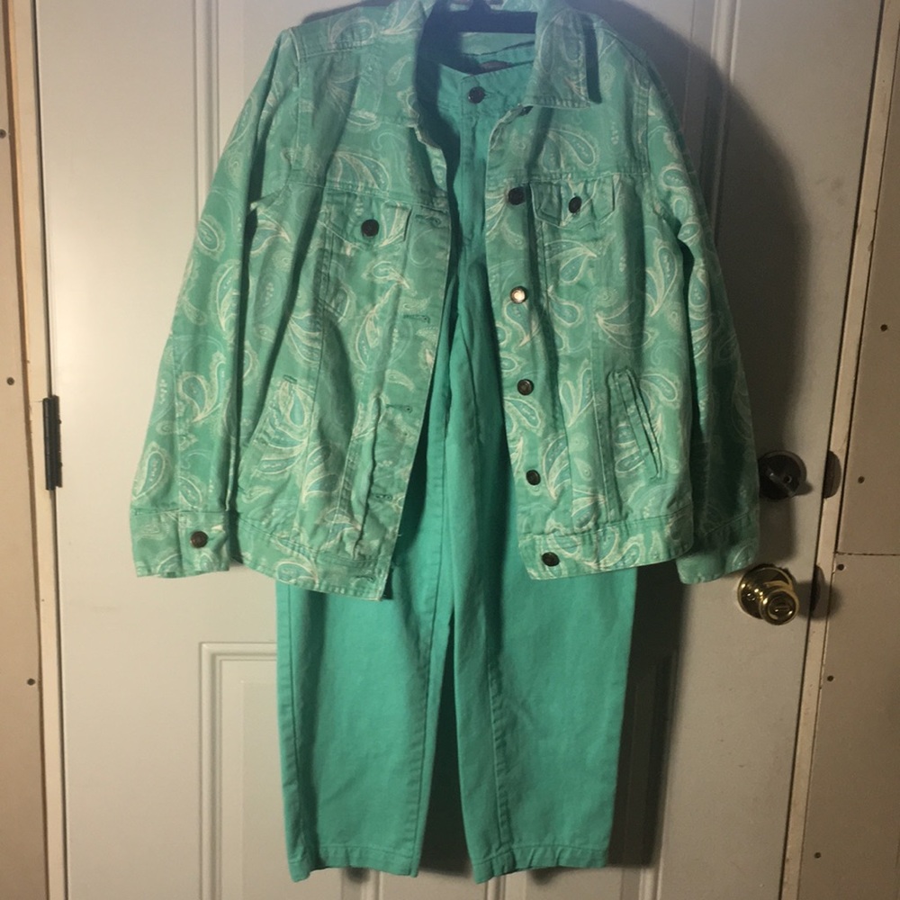 Jessica London teal button front straight leg jeans & matching jacket size 12W